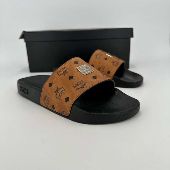 MCM Shoes - MCM Women's Cognac Brown Visetos Rubber Slides sz 38 US 8  Logo Sandals